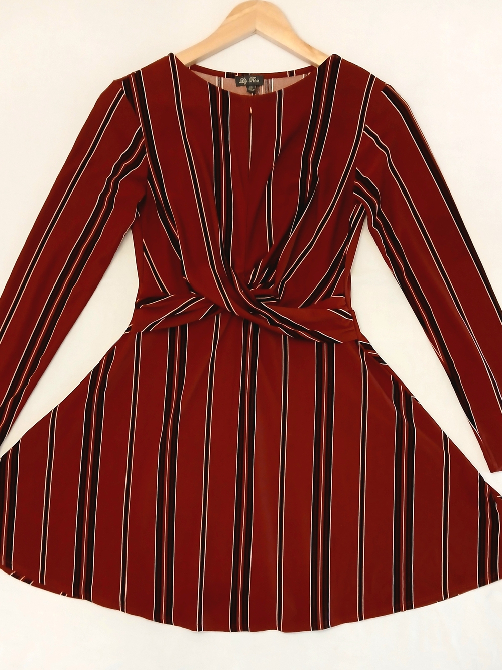 Lily Rose Burgundy Striped Twist Front Dress Long Sleeve Mini A-Line Size XS